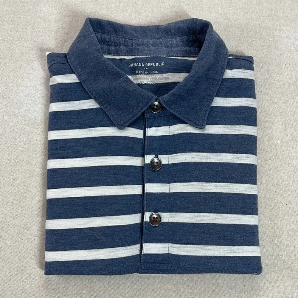 Banana Republic Polo Shirt Mens Extra Large XL Blue Striped‎ Short Sleeve Shirt